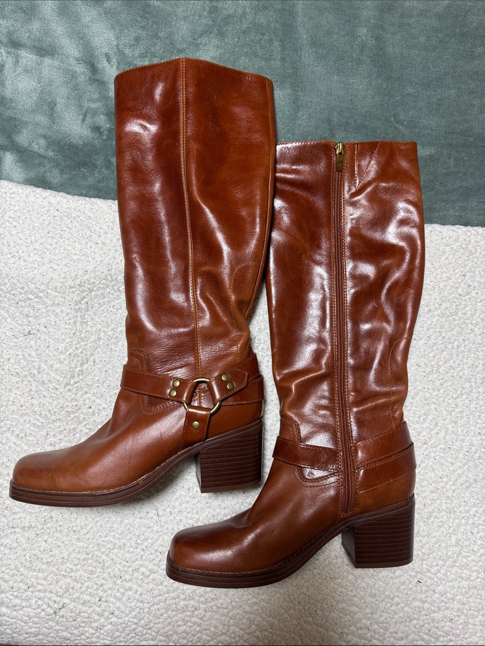 Marc Fisher Chestnut Brown Leather Mid-Height Block Heel Boots